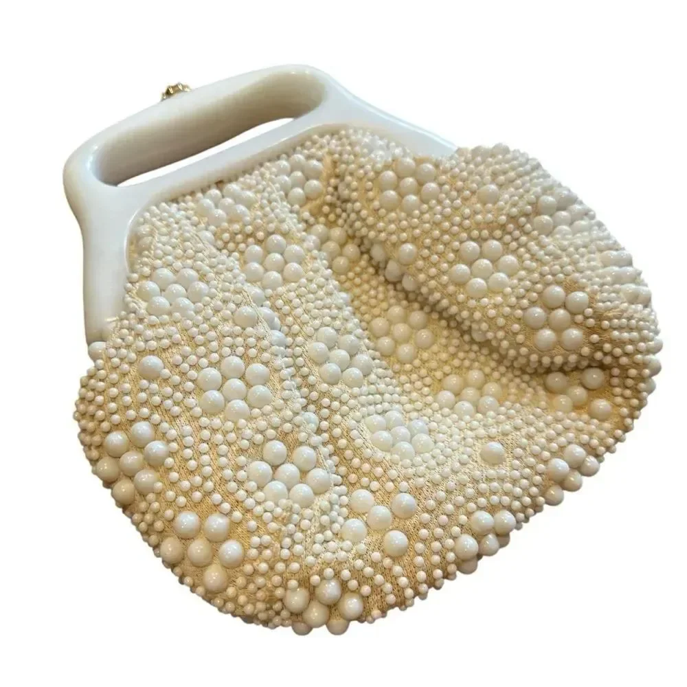 Vintage 1960s Elegant Beaded Cream Clutch with Gold Clasp